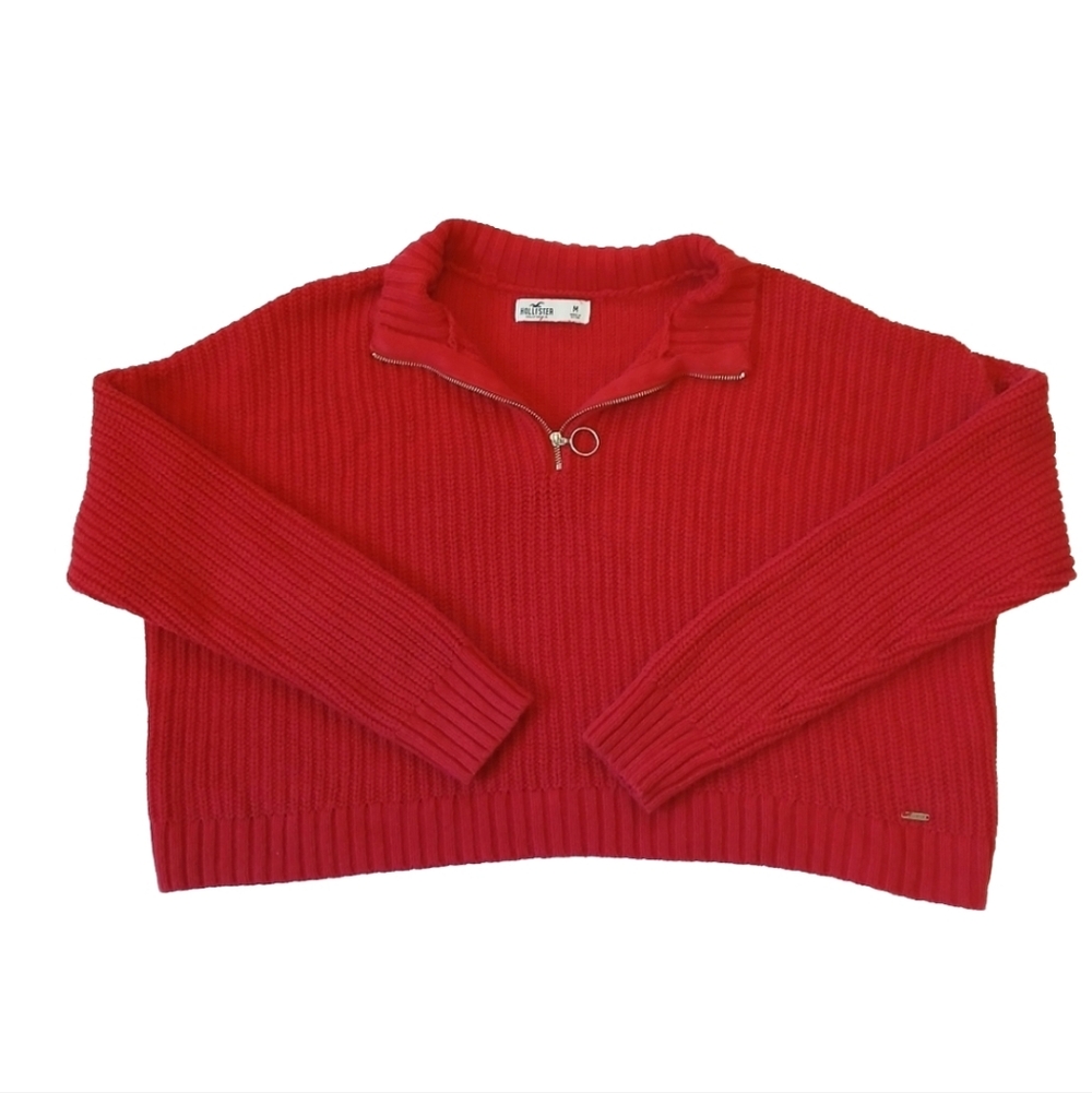 Hollister Crop Sweater Circle Zipper Pull Quarter Zip Ribbed Knit